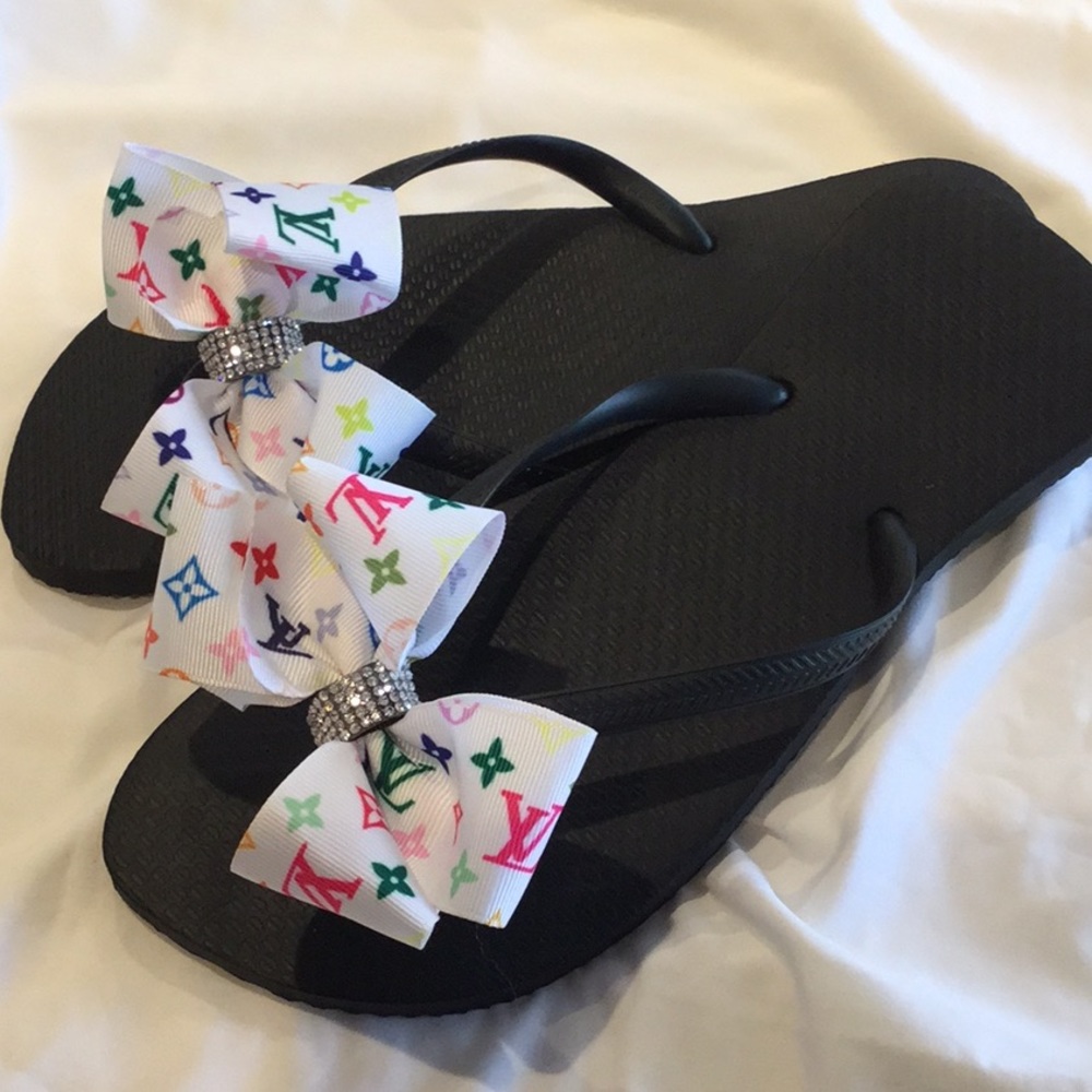 Black Flip Flops with Multi Colored Bow